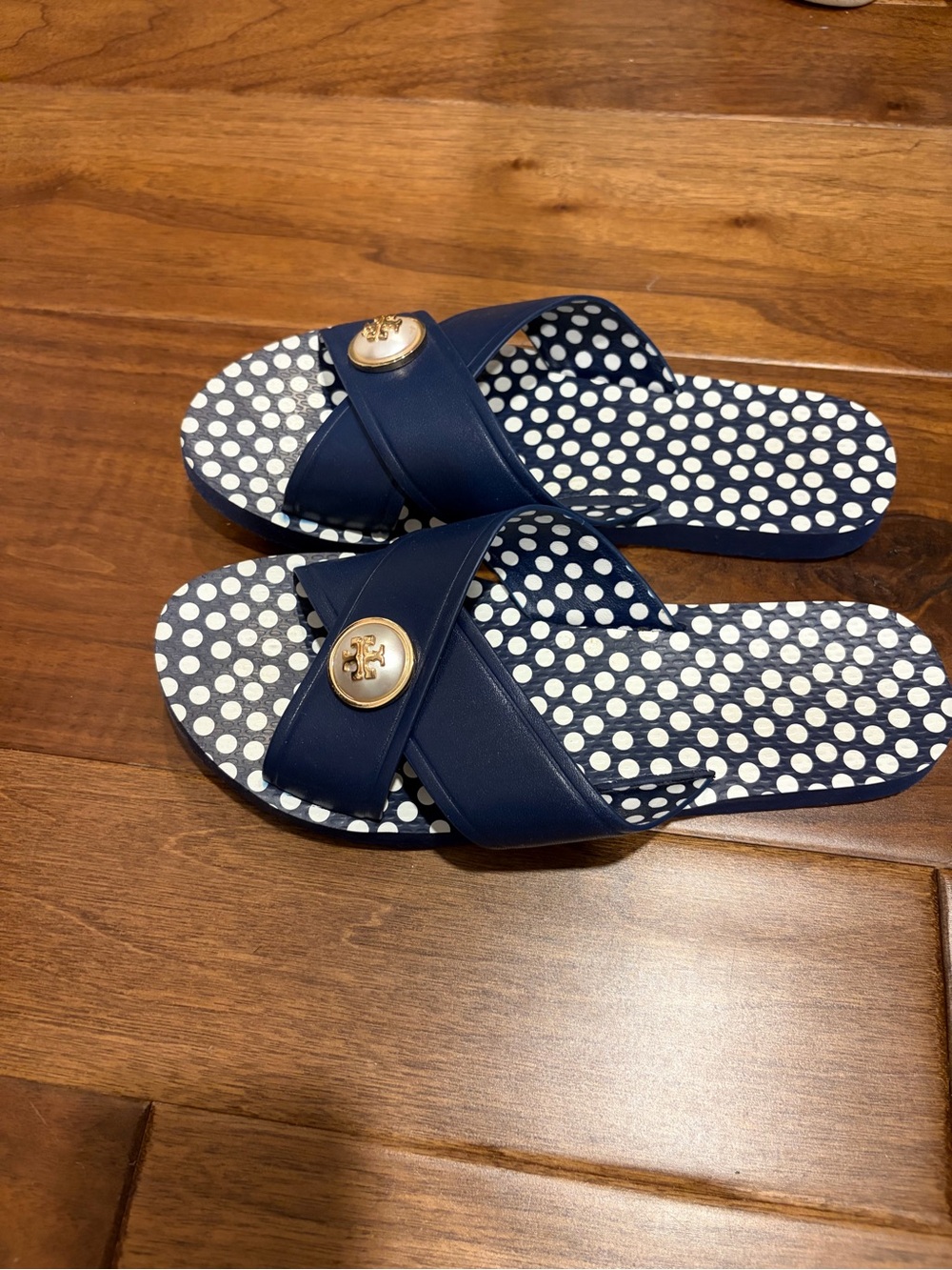 Tory Burch Navy/White Polka Dot Slide Sandals with Gold pearl Logo size 9 - euc - Picture 5 of 6